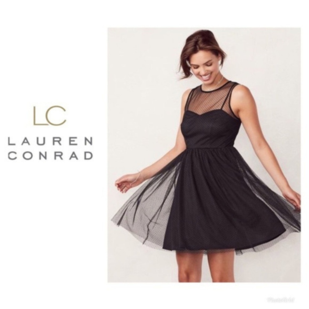 BNWT Lauren Conrad LC Sheer Black Polka Dot Dress